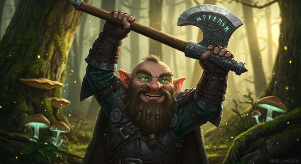 A magical gnome warrior with glowing eyes, holding an axe in a mystical forest #1
