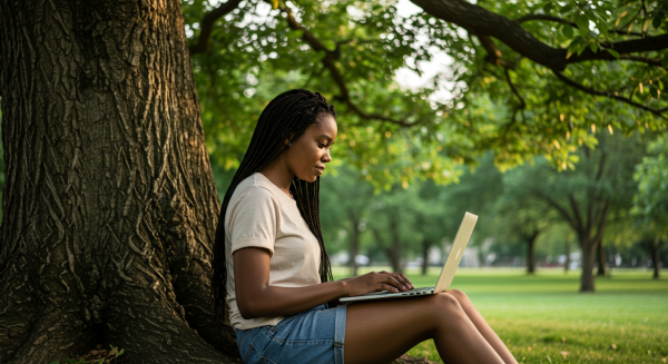 A black lady working on her laptop under a tree #4