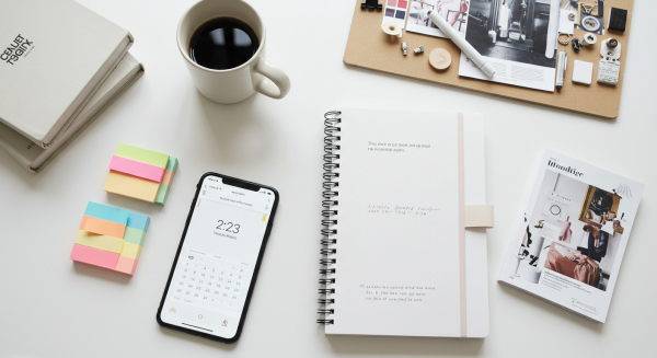 Flat lay of phone, planner, coffee, and mood board on white workspace #3