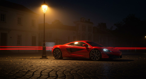 A red sports car parked under a street light at night #2