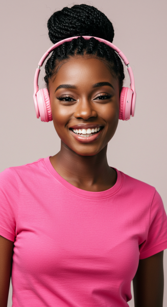 A young black lady in a pink shirt with pink headphones and smiling #1