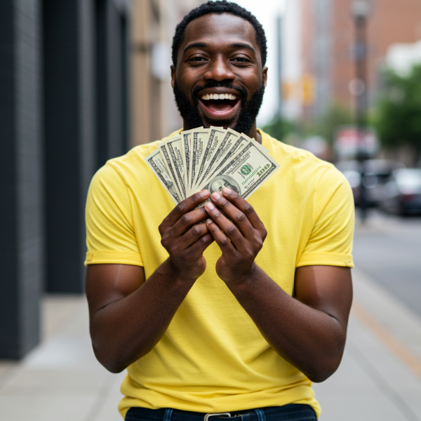 A happy black man in a yellow shirt holding money in his hands #5