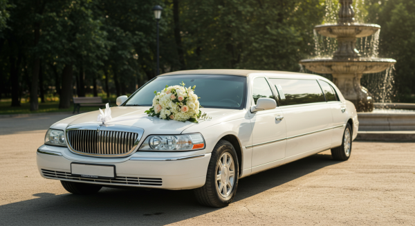 A white wedding limousine parked by a fountain in the day, with a bouquet on it #4
