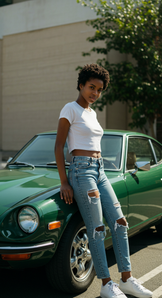 Young black lady standing by her car #3