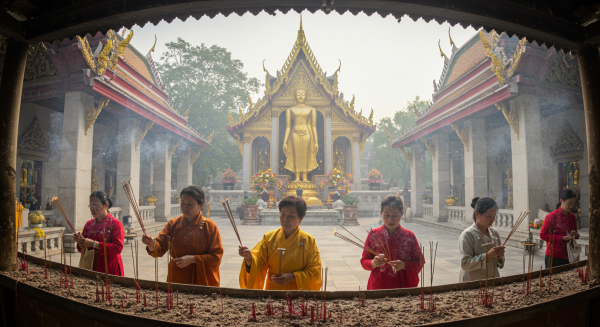 Devotees lighting incense in a Buddhist temple, soft smoke rising, golden Buddha statue in background #4