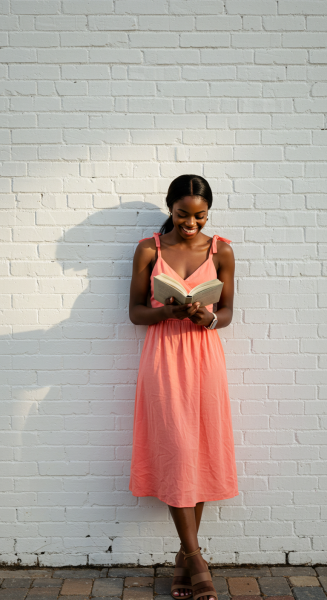 A young black woman reading a book while standing by a white brick wall #1