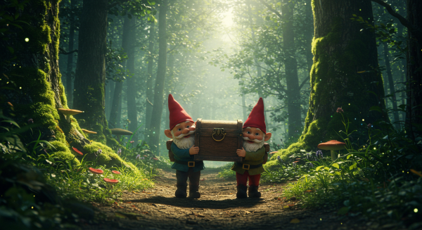 Two mischievous gnomes carrying a treasure chest through an enchanted forest #2