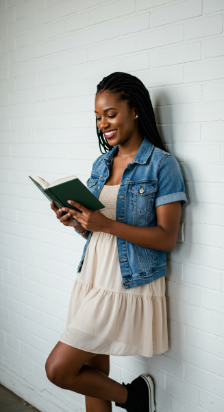 A young black woman reading a book while standing by a white brick wall #2