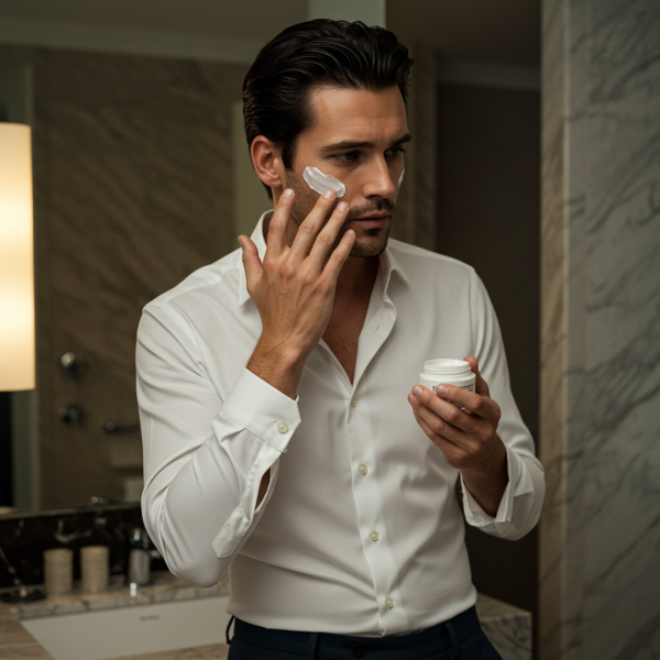 A fashion man applying cream to his skin #1