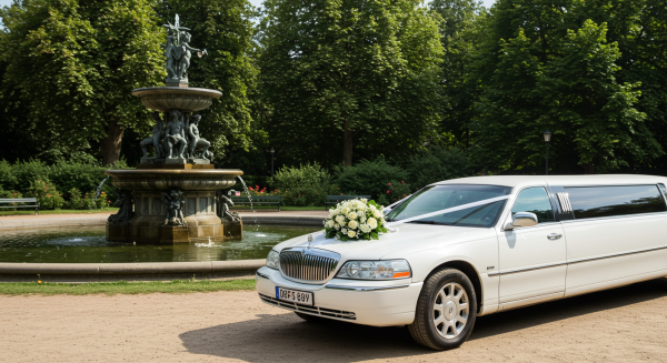 A white wedding limousine parked by a fountain in the day, with a bouquet on it #2