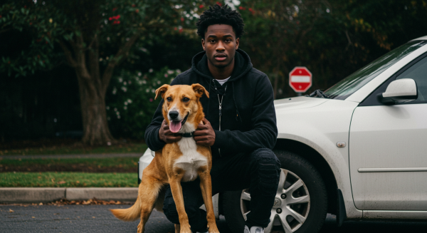 A young black man with his dog standing by his white car #1