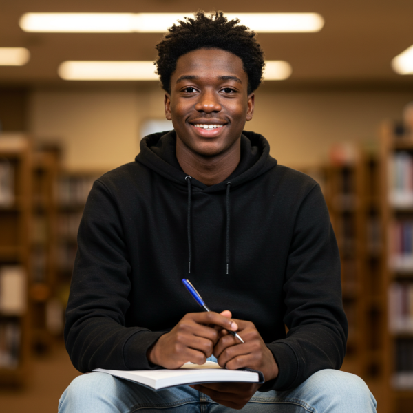 A young black male student holding her pen and smiling #1