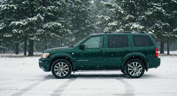 A green SUV parked on the road on a snowy day #3