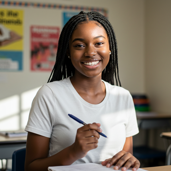 A young black female student holding her pen and smiling #3