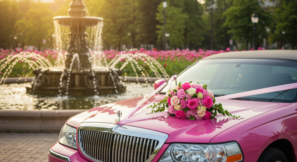 A pink wedding limousine parked by a fountain in the day, with a bouquet on the hood #3