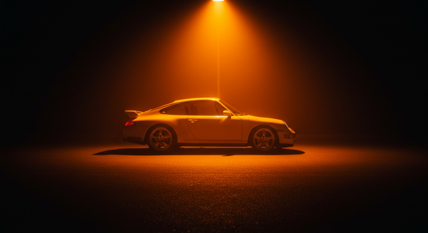 A white sports car parked under a street light at night #1
