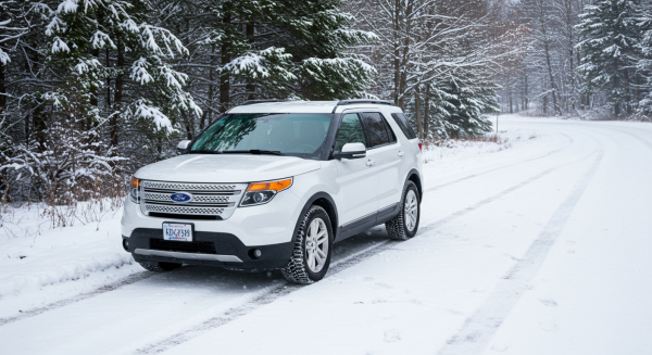 A white SUV parked on the road on a snowy day #3