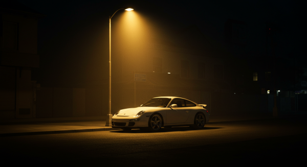 A white sports car parked under a street light at night #3