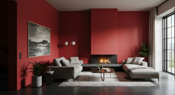 A photo of a modern living room with red paint #3