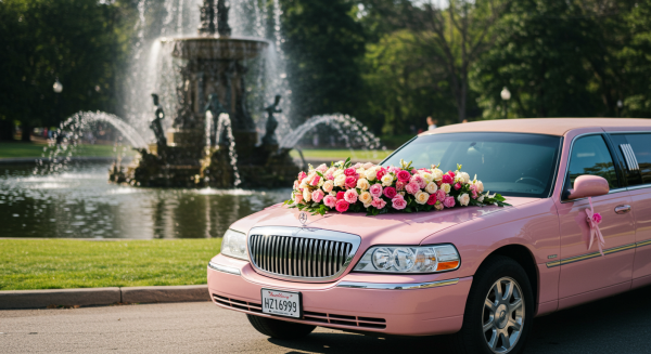 A pink wedding limousine parked by a fountain in the day, with a bouquet on the hood #2