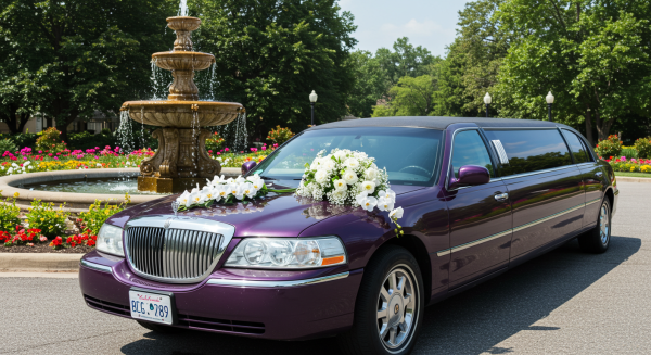 A purple wedding limousine parked by a fountain in the day, with a bouquet on it #1
