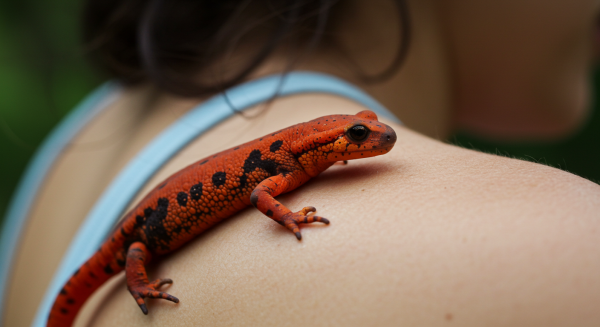 Close-up of a salamander on a lady's back as a pet #4