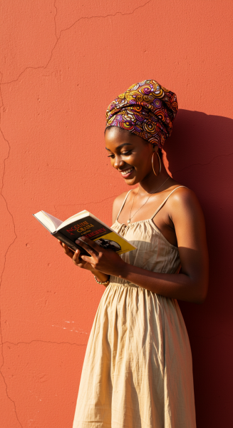A young black woman reading a book while standing by a red wall #4