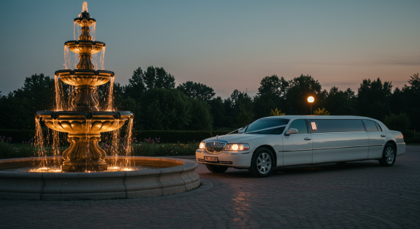 A white wedding limousine parked by a fountain at dusk #3