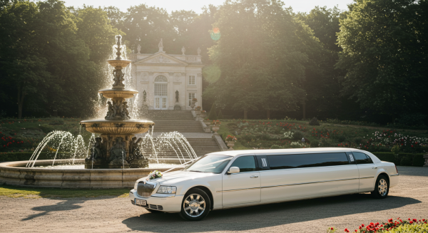 A white wedding limousine parked by a fountain in the day #3