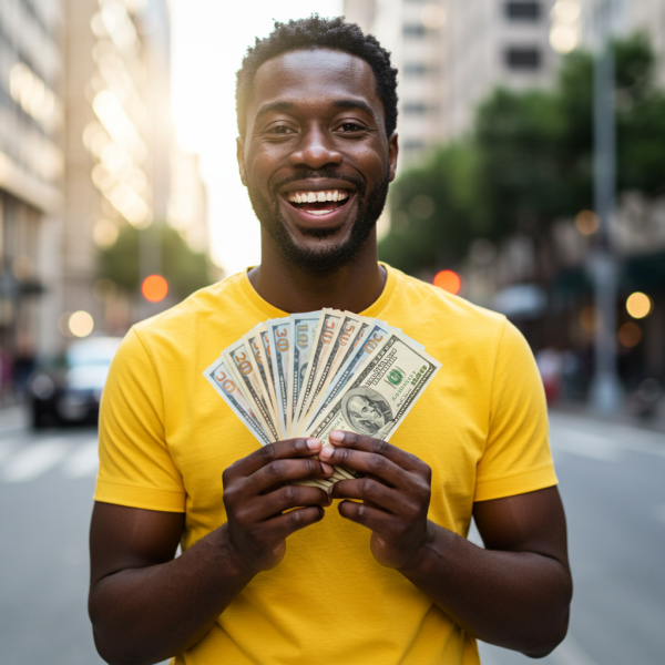 A happy black man in a yellow shirt holding money in his hands #4