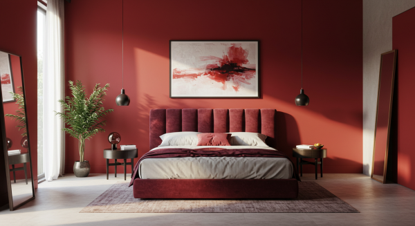 A modern bedroom with red walls #1