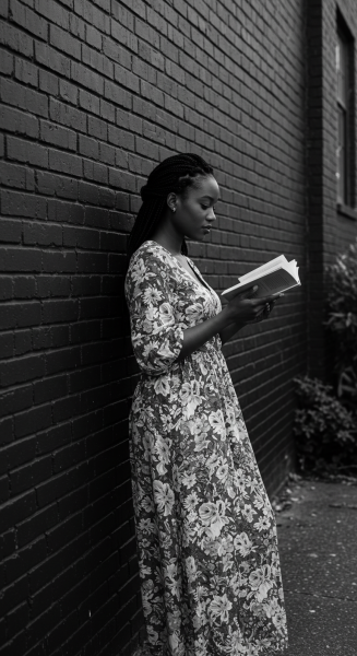 A young black woman reading a book while standing by a black brick wall #3