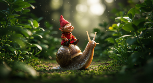 A colorful tiny gnome riding a snail through a thick green forest #3