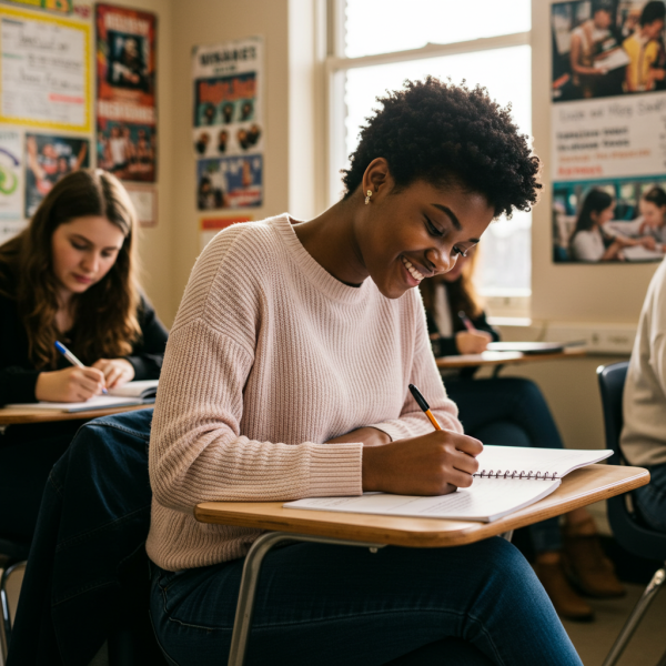 A young black female student writing in class #3