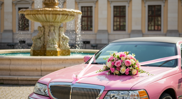 A pink wedding limousine parked by a fountain in the day, with a bouquet on the hood #4