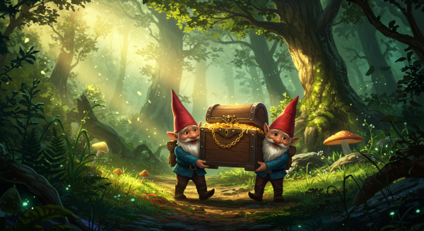 Two mischievous gnomes carrying a treasure chest through an enchanted forest #3