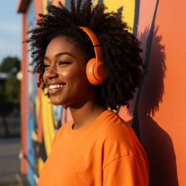 A young black lady in an orange shirt with orange headphones #1