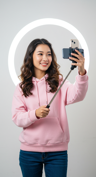 Young white female influencer taking a selfie with a ring light #1