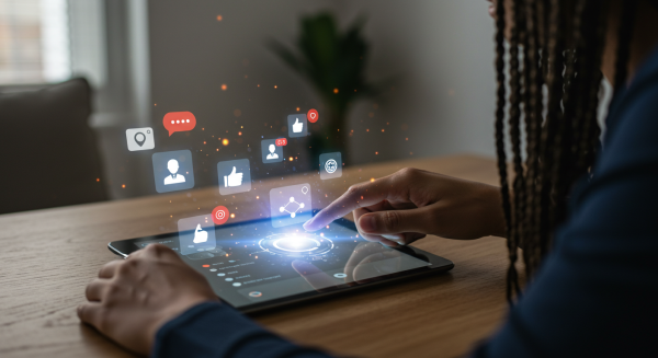 Social media dashboard glowing on screen, person interacting with likes and shares in augmented reality #3