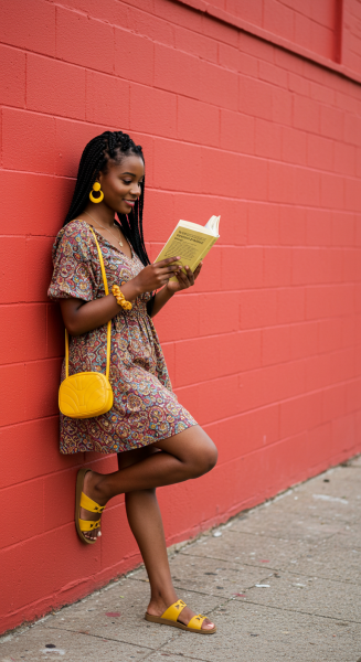 A young black woman reading a book while standing by a red wall #1