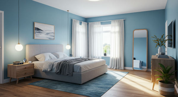 A modern bedroom with blue walls #2