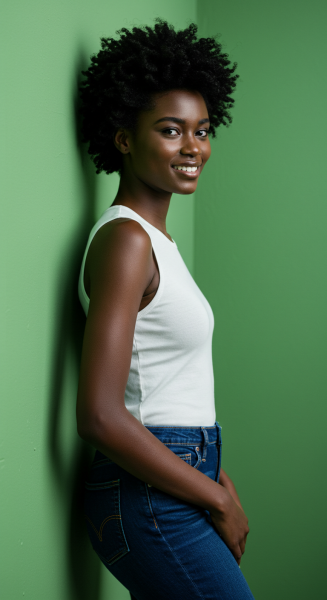 A young black woman standing by a green wall #4