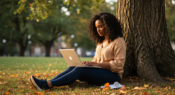 A black lady working on her laptop under a tree #5