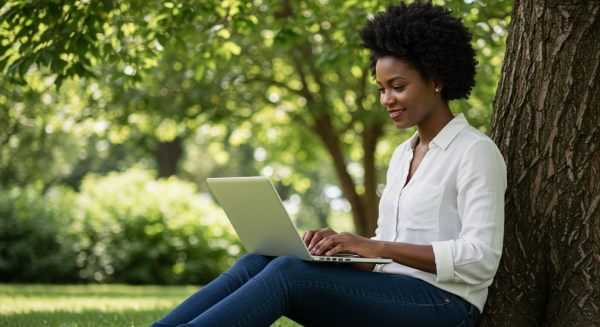 A black lady working on her laptop under a tree #6