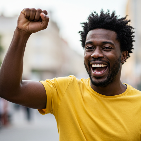 A happy black man in a yellow shirt with a fist and smiling #2