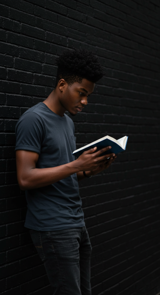 A young black man reading a book while standing by a black brick wall #1