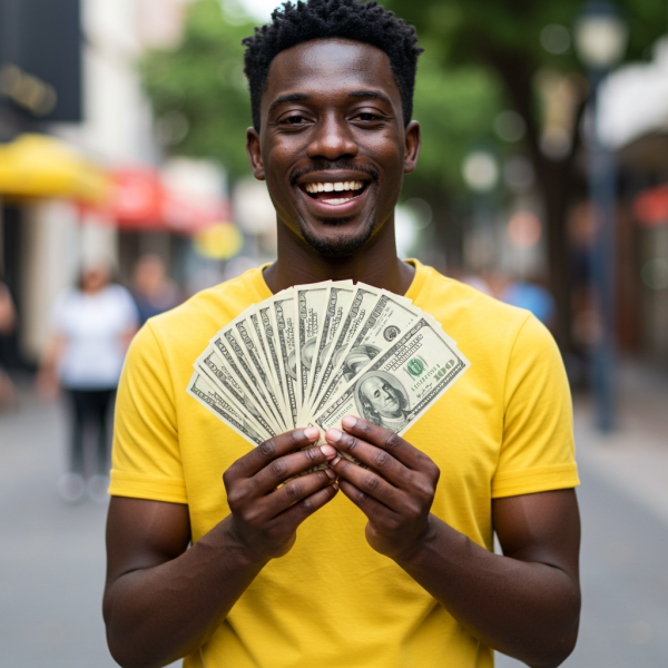A happy black man in a yellow shirt holding money in his hands #1