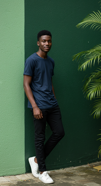 A young black man standing by a green wall #4