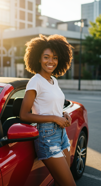 Young black lady standing by her car #1