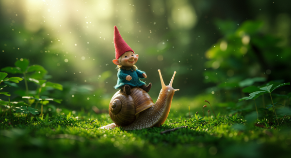 A colorful tiny gnome riding a snail through a thick green forest #4